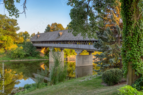 One of the most famous landmarks of Michigan s  Little Bavaria   this 239 foot covered wooden bridge carries cars and pedestrians across the Cass River.