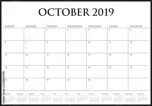 October 2019 monthly calendar vector illustration