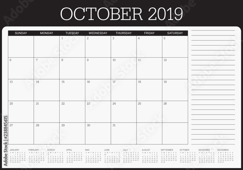 October 2019 monthly calendar vector illustration