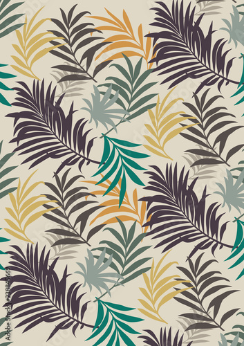 Colorful tropical leaves pattern style, flat line vector illustration on light brown background.