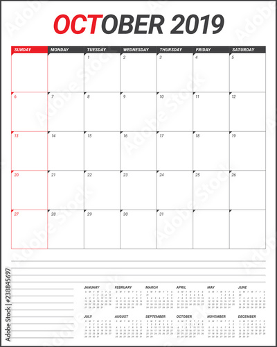 October 2019 monthly calendar vector illustration