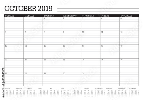 October 2019 monthly calendar vector illustration