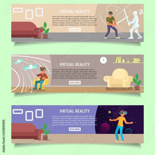 Virtual reality web banner template set, vector flat illustration