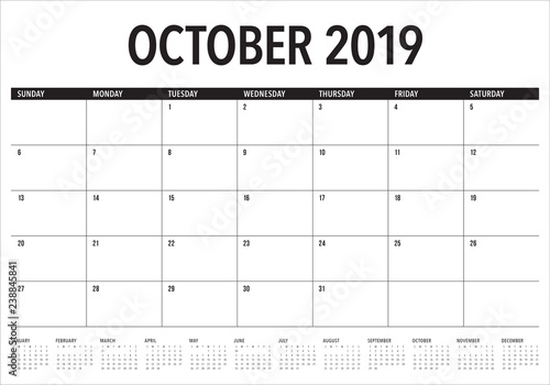 October 2019 monthly calendar vector illustration