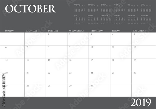 October 2019 monthly calendar vector illustration