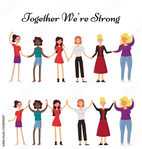 Women holding hands together, vector flat illustration