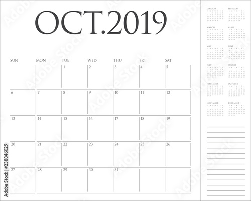 October 2019 monthly calendar vector illustration