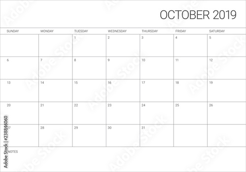 October 2019 monthly calendar vector illustration