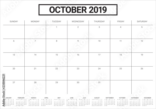 October 2019 monthly calendar vector illustration