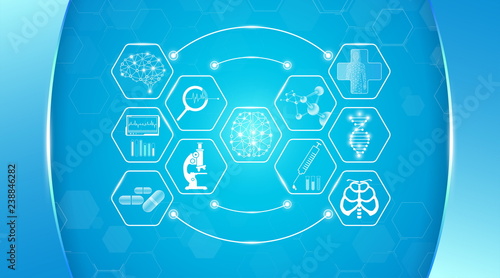 abstract background technology concept in blue light,brain and human body heal ,technology modern medical science in future and global international medical with tests analysis clone DNA human