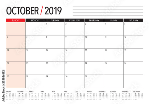 October 2019 monthly calendar vector illustration