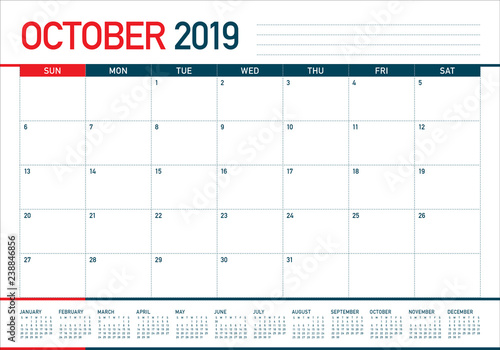 October 2019 monthly calendar vector illustration