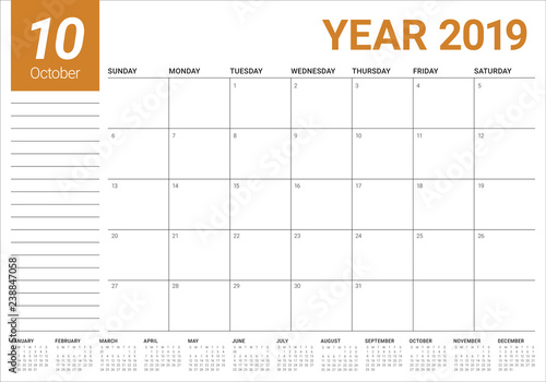 October 2019 monthly calendar vector illustration