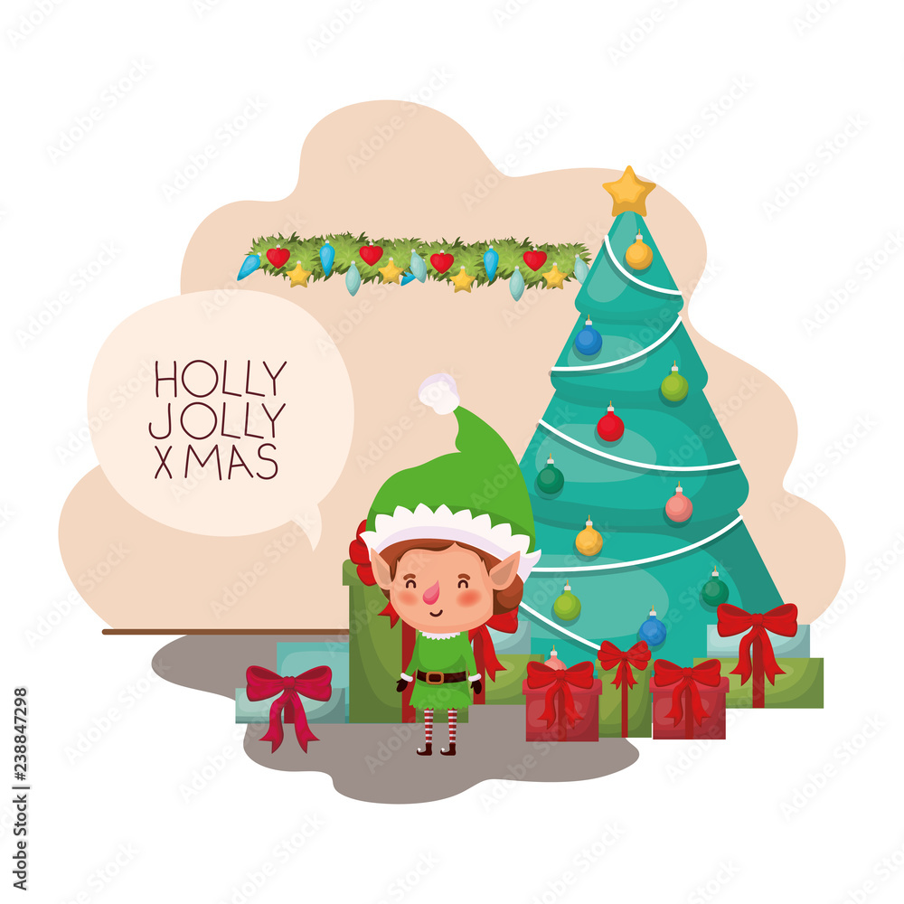 elf with christmas tree and gifts elf with christmas tree and gifts
