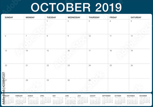 October 2019 monthly calendar vector illustration