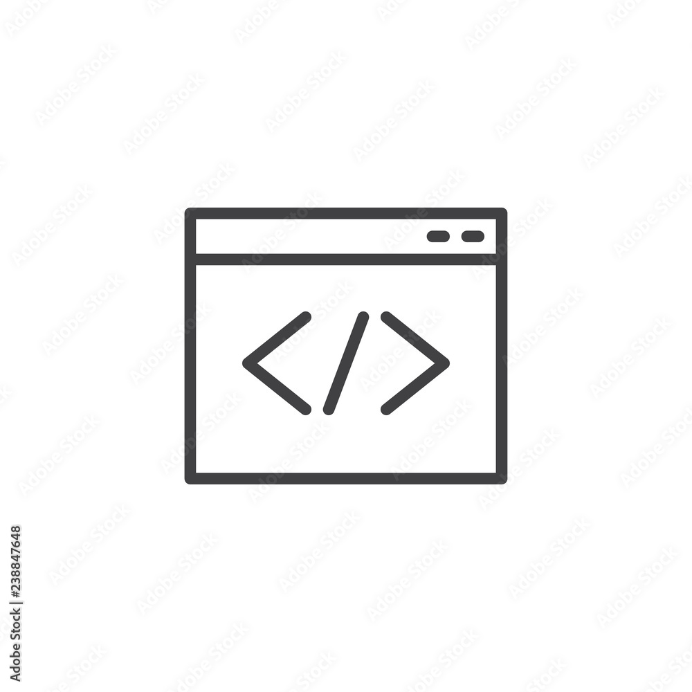 Web browser coding outline icon. linear style sign for mobile concept and web design. Programming, code simple line vector icon. Custom code symbol, logo illustration. Vector graphics Web browser coding outline icon. linear style sign for mobile concept and web design. Programming, code simple line vector icon. Custom code symbol, logo illustration. Vector graphics