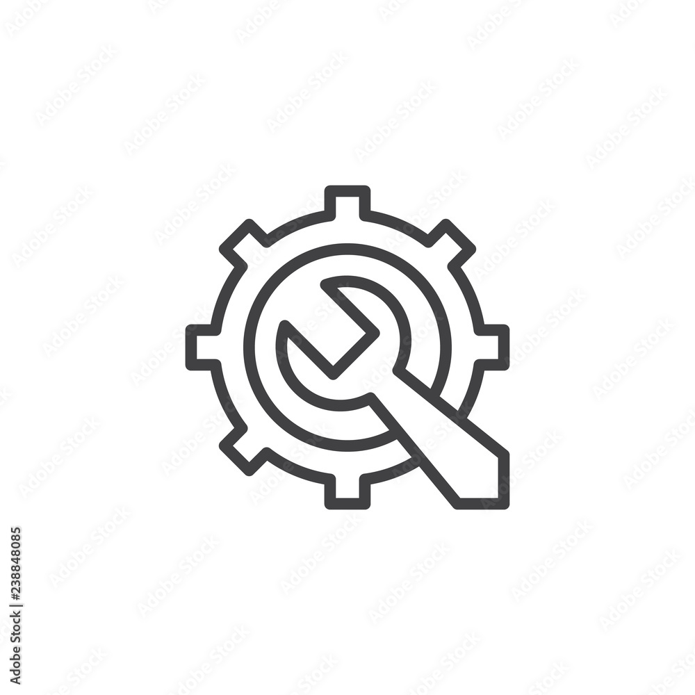 Gear and Wrench outline icon. linear style sign for mobile concept and web design. Repair service simple line vector icon. Maintenance symbol, logo illustration. Pixel perfect vector graphics Gear and Wrench outline icon. linear style sign for mobile concept and web design. Repair service simple line vector icon. Maintenance symbol, logo illustration. Pixel perfect vector graphics
