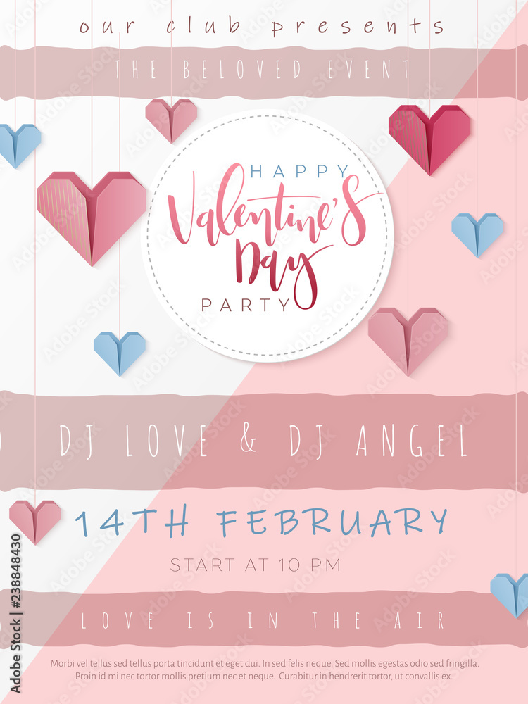 Vector illustration of valentine's day party poster template with hand lettering label - happy valentine's day - with paper origami heart shapes