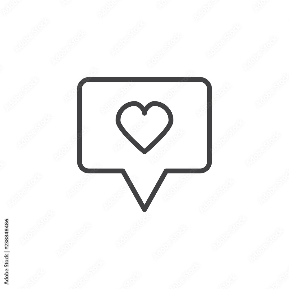 Love chat outline icon. linear style sign for mobile concept and web design. Speech bubble with heart simple line vector icon. Like, ranking, rating symbol, logo illustration. Pixel perfect vector 
