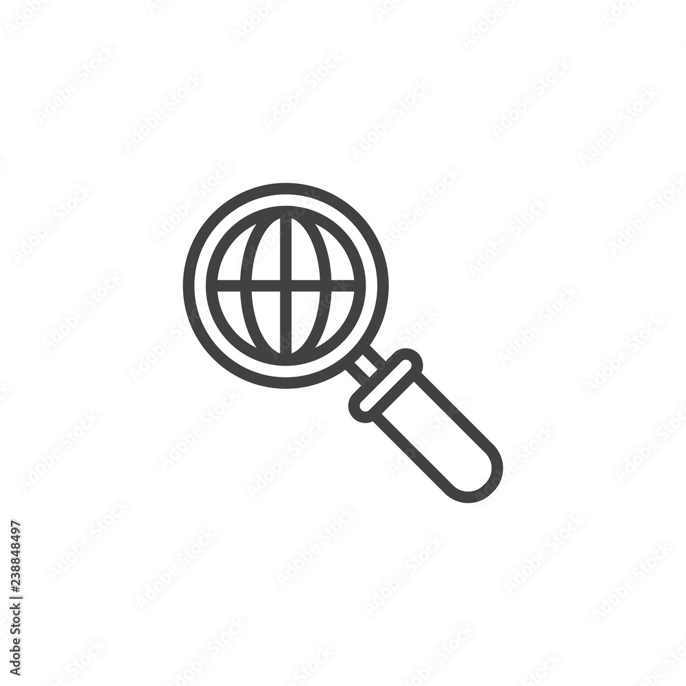 Search engine outline icon. linear style sign for mobile concept and web design. Earth grid with magnifier simple line vector icon. Global search symbol, logo illustration. Pixel perfect vector Search engine outline icon. linear style sign for mobile concept and web design. Earth grid with magnifier simple line vector icon. Global search symbol, logo illustration. Pixel perfect vector