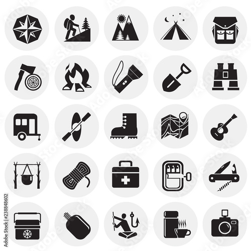 Camping icons set on circles background for graphic and web design, Modern simple vector sign. Internet concept. Trendy symbol for website design web button or mobile app