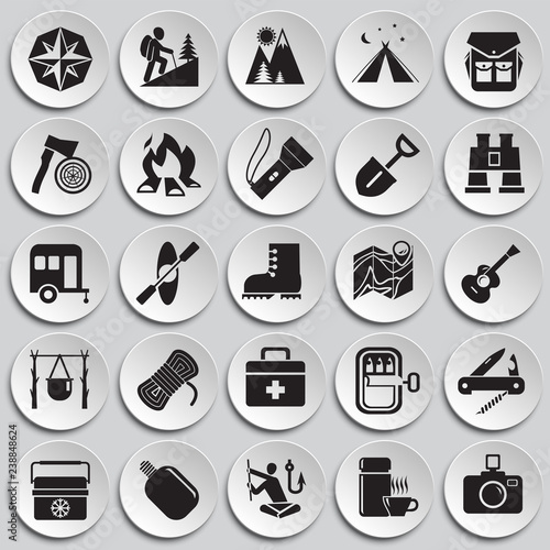 Camping icons set on plates background for graphic and web design, Modern simple vector sign. Internet concept. Trendy symbol for website design web button or mobile app