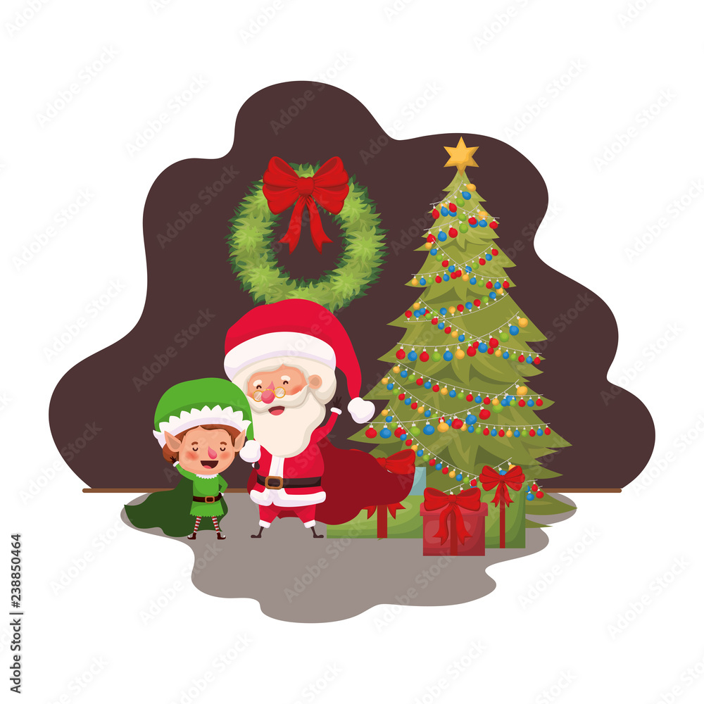 santa claus and elf with christmas tree and gifts santa claus and elf with christmas tree and gifts