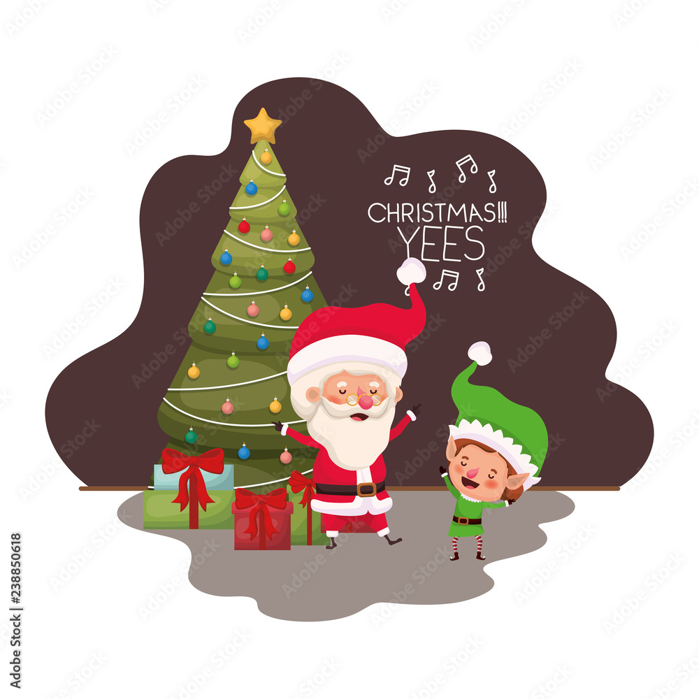 santa claus and elf with christmas tree and gifts santa claus and elf with christmas tree and gifts
