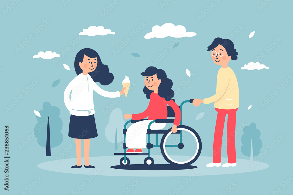 Young cute smiling woman in wheelchair with family and friends. Young cute smiling woman in wheelchair with family and friends.