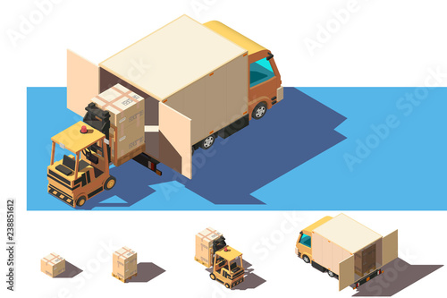 Isometric 3d set shipment truck with forklift and box for delivery moving.