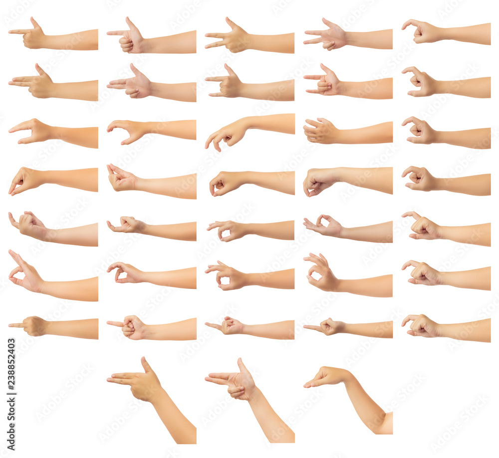 Set of human hand in multiple gesture isolate on white background with clipping path, Low contrast for retouch or graphic design