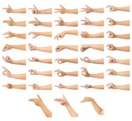 Set of human hand in multiple gesture isolate on white background with clipping path, Low contrast for retouch or graphic design