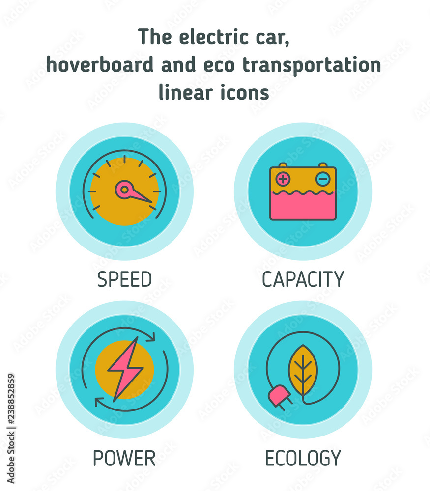 The electric car, hoverboard, eco transportation vector line icons. The battery volume and capacity, vehicle speed, engine power outline symbols. The modern, future technology concept flat icon set.
