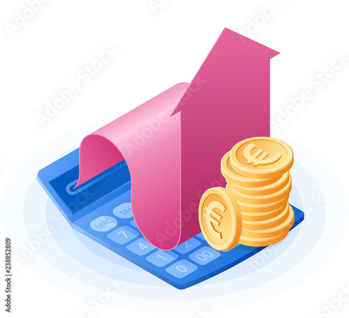 The math calculator, growing arrow graph, stack of euros coins. Flat vector isometric illustration. The finance success, money profit, online banking, stock market, growing dividends business concept.