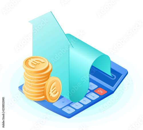 The accountant calculator, increasing arrow graph, stack of euros coins. Flat vector isometric illustration. The finance success, profit, stockmarket, stock exchange, growing money business concept.