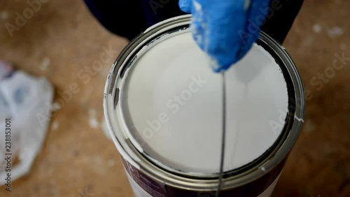 Person Dips Paint Brush Into Paint Can photo