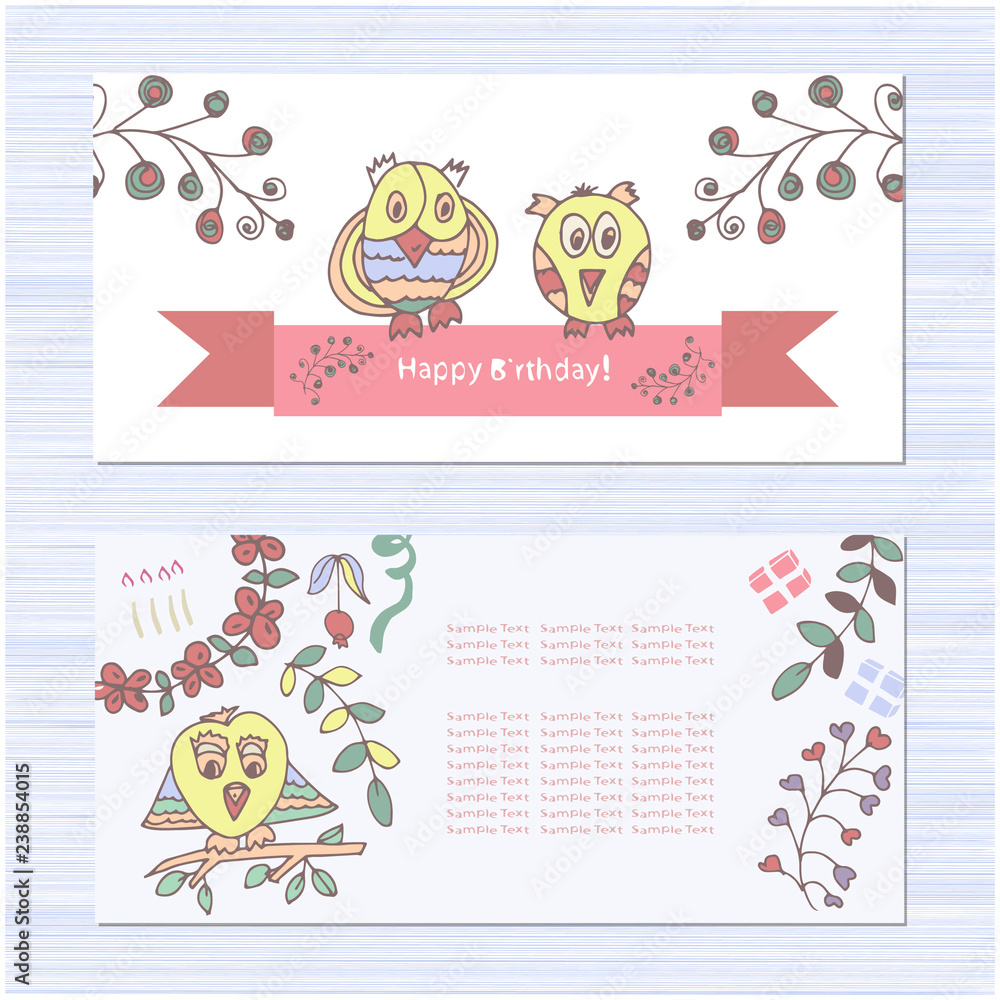 Greeting card for my birthday. Figure owls and flowers. Template set. Sketch. Greeting card for my birthday. Figure owls and flowers. Template set. Sketch.