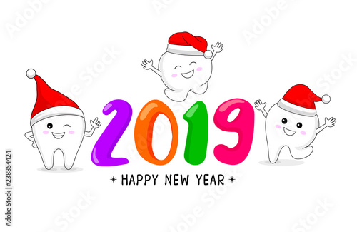 Cute cartoon tooth character with Santa hat. Happy new year, dental care concept. Vector illustration isolated on white background.