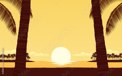 yellow color of Silhouette palm tree on beach in flat icon design under sunset sky background 