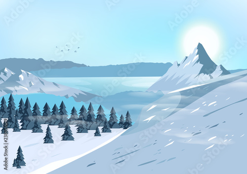 Mountains landscape, travel and adventure natural concept postcard vector abstract background illustration in horizontal
