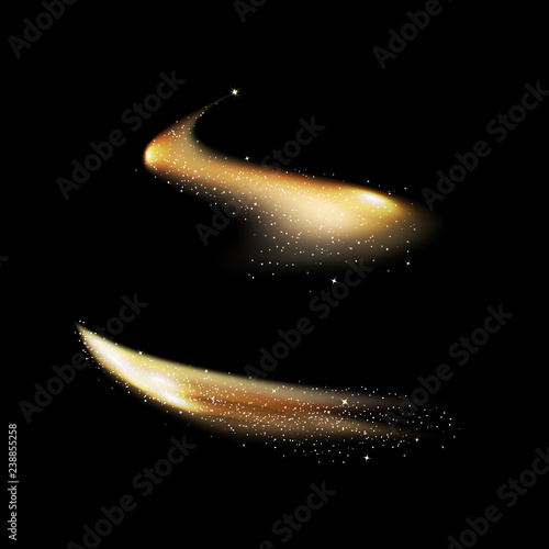 Gold shimmering waves motion lines, light bright effect on black abstract background, stars dust trail scatter vector illustration