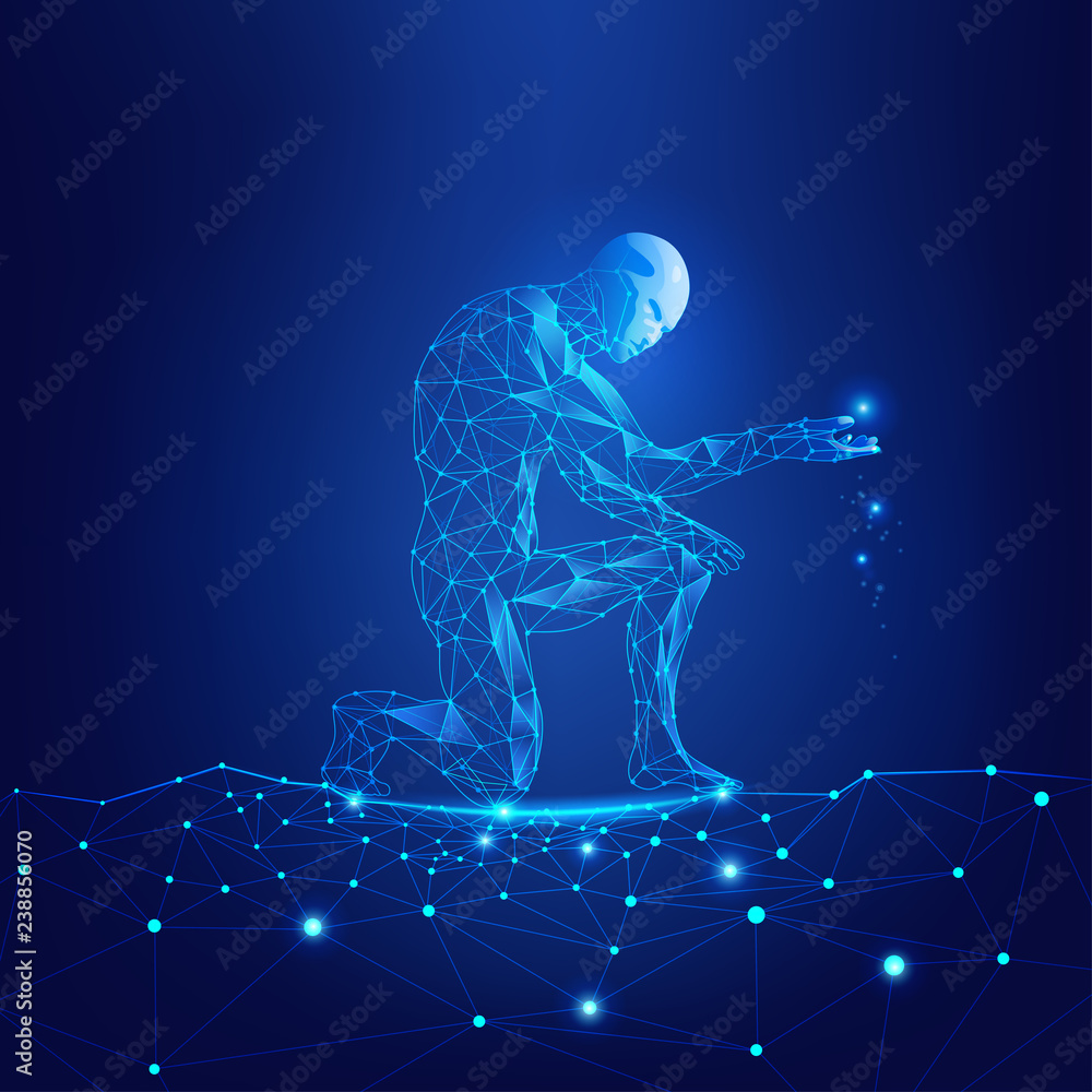 Obraz premium concept of technology advancement, digital man reaching futuristic connected line