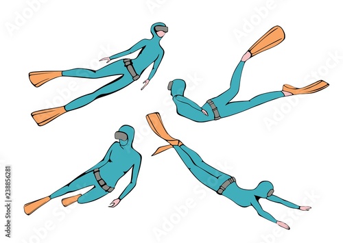 Set diver swimming underwater. Vector illustration of a flat design.