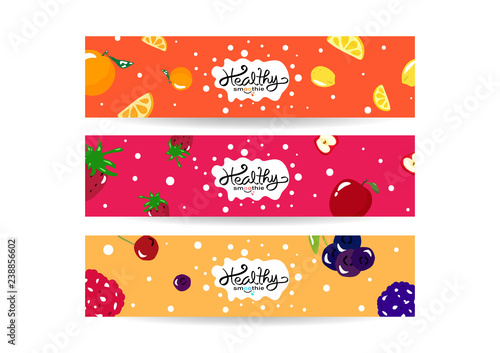 Healthy smoothie splashing, set of banner collection tag balance diet menu, colorful juicy fruit concept background texture vector illustration