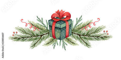 Watercolor vector Christmas wreath with green fir branches and gift.