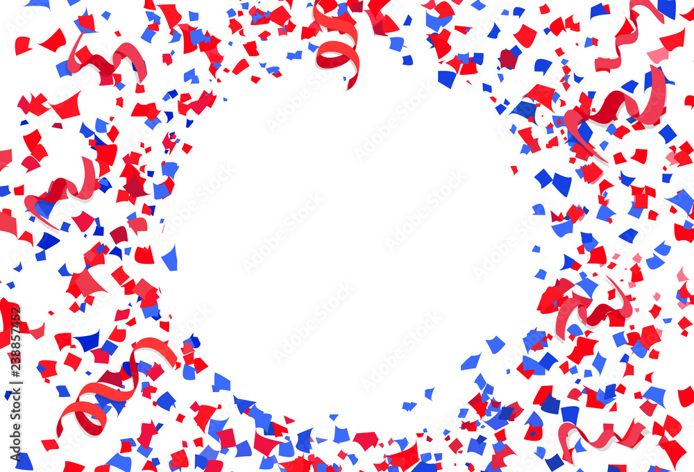 Confetti, paper and ribbons scatter explosion celebration party on white abstract background vector illustration, red and blue concept