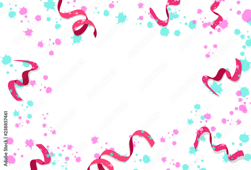 Obraz premium Confetti, ribbons with ink splatter scatter celebration party holiday season colorful pastel concept on white abstract background vector illustration