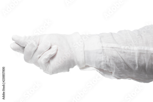 Hand in a white glove isolated on a white background. Gesture eye-catching. Gesticulation