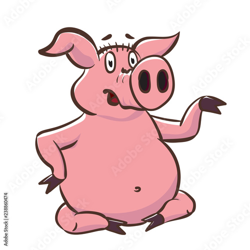 Cute pig shows a little teapot. Pink piggy cartoon character vector stock illustration © tpupyku