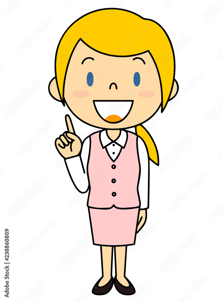 スーツの外国人女性 立ち姿 人差し指を指す